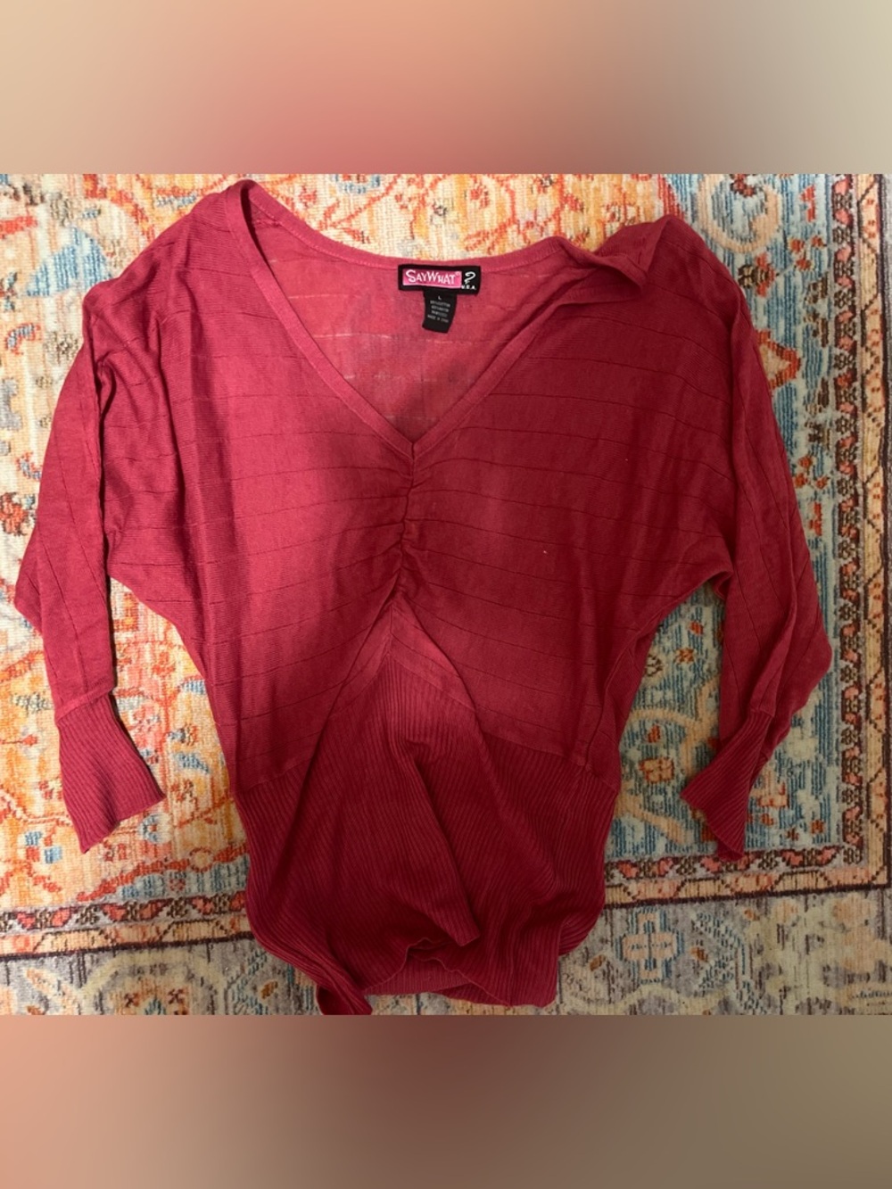 ☀️$5 flash sale ⭐️ Say What? Women's Deep Red V-Neck Ruched Long Sleeve Top